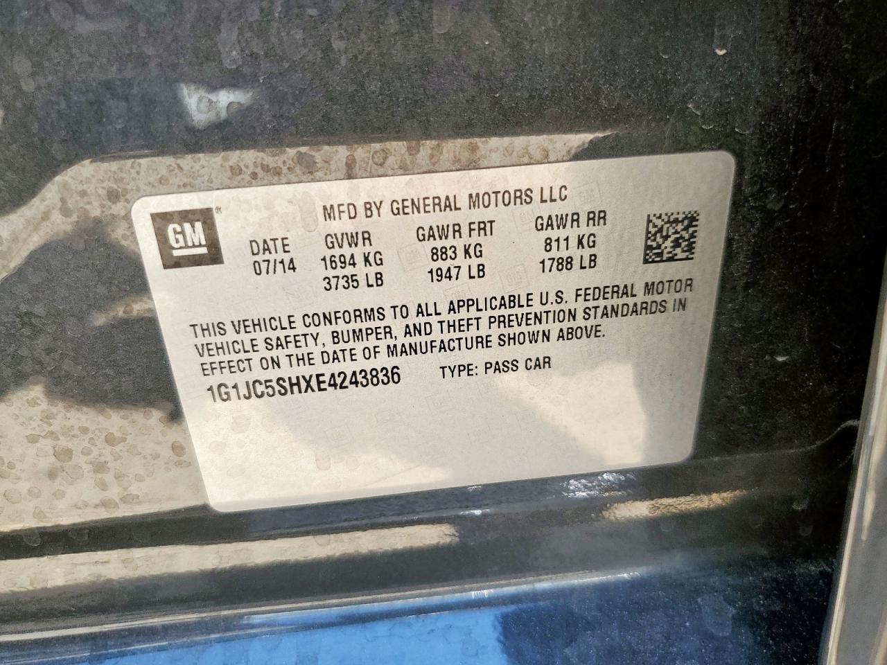 2014 Chevrolet Sonic Lt VIN: 1G1JC5SHXE4243836 Lot: 70467955