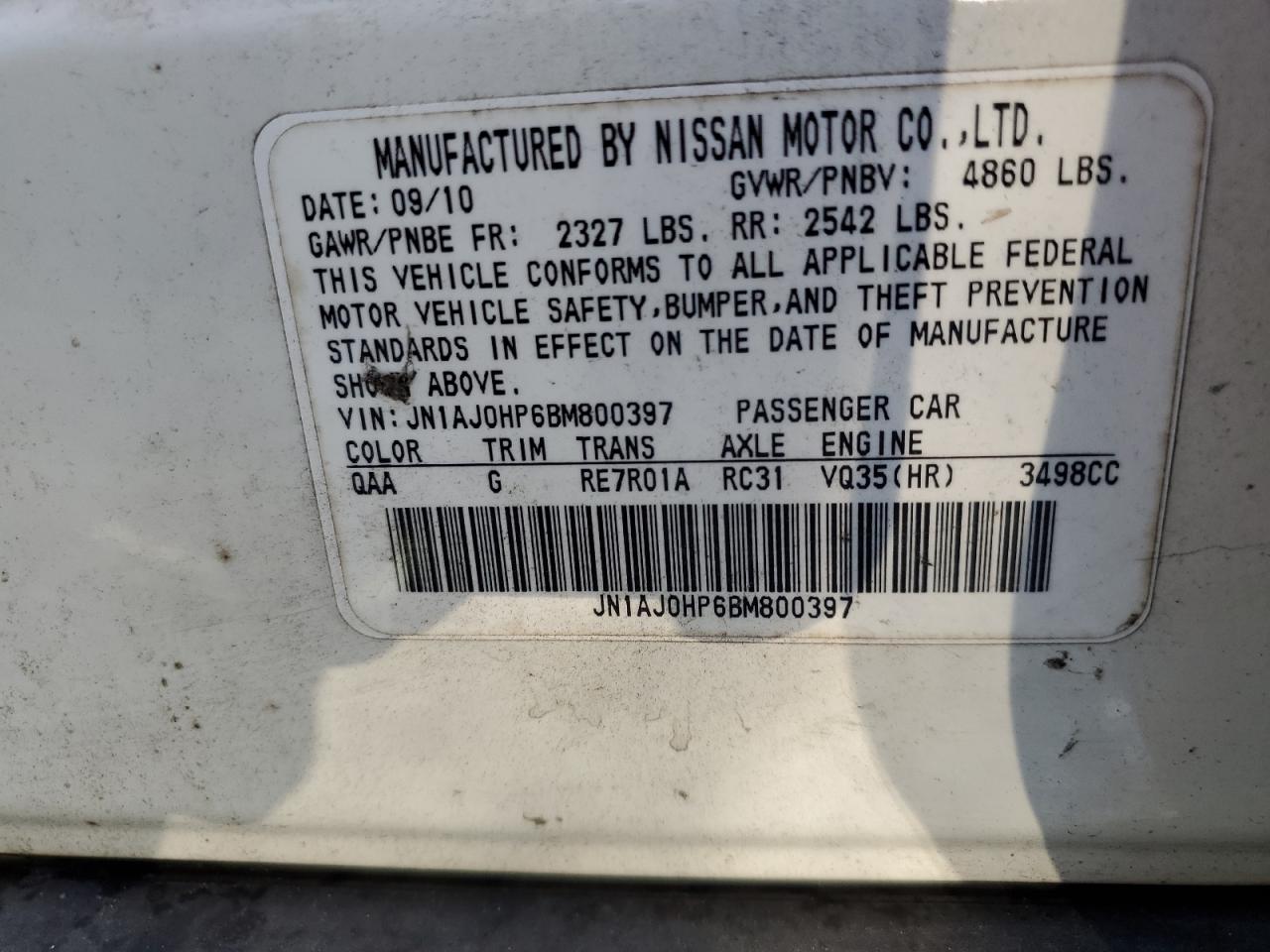 2011 Infiniti Ex35 Base VIN: JN1AJ0HP6BM800397 Lot: 69260675