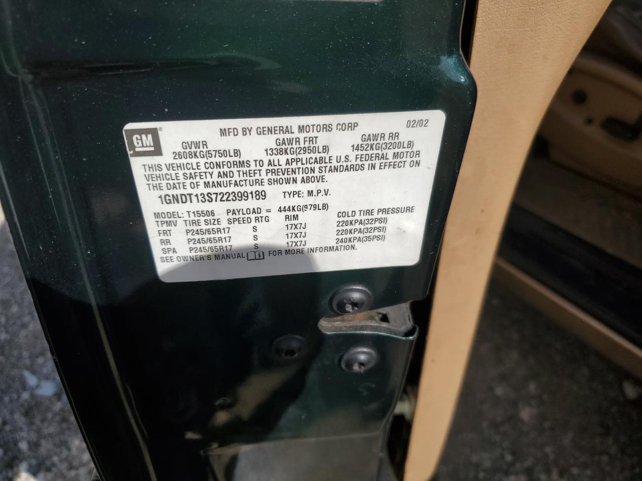 2002 Chevrolet Trailblazer VIN: 1GNDT13S722399189 Lot: 70020095