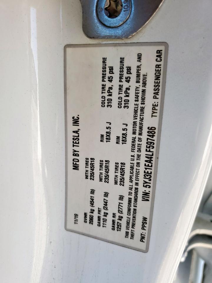 2020 Tesla Model 3 VIN: 5YJ3E1EA4LF597486 Lot: 68772065