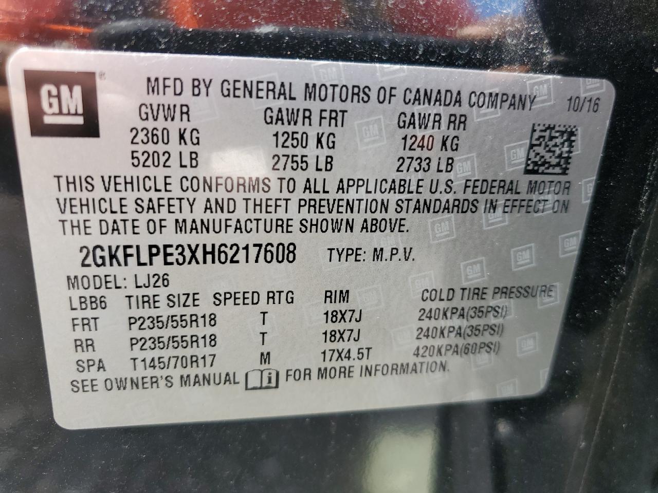 2017 GMC Terrain Slt VIN: 2GKFLPE3XH6217608 Lot: 68950005