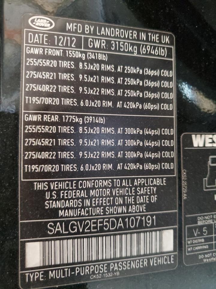 2013 Land Rover Range Rover Autobiography VIN: SALGV2EF5DA107191 Lot: 68664155