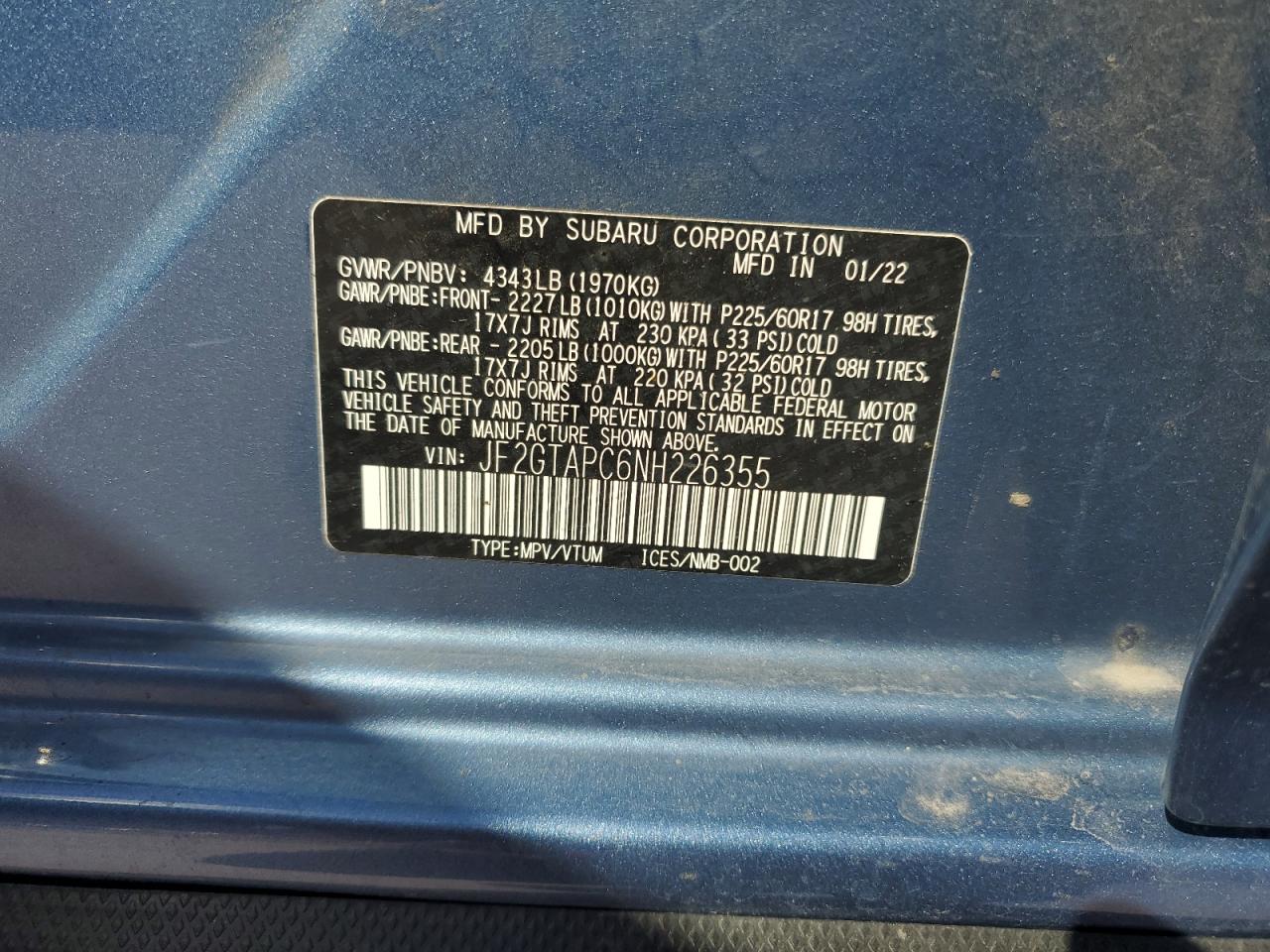 2022 Subaru Crosstrek Premium VIN: JF2GTAPC6NH226355 Lot: 67475695