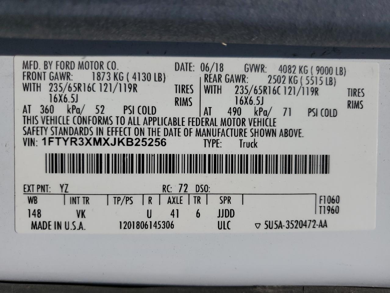 2018 Ford Transit T-250 VIN: 1FTYR3XMXJKB25256 Lot: 67202515