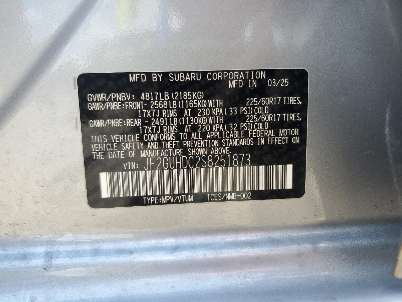 2025 Subaru Crosstrek Premium VIN: JF2GUHDC2S8251873 Lot: 68367295