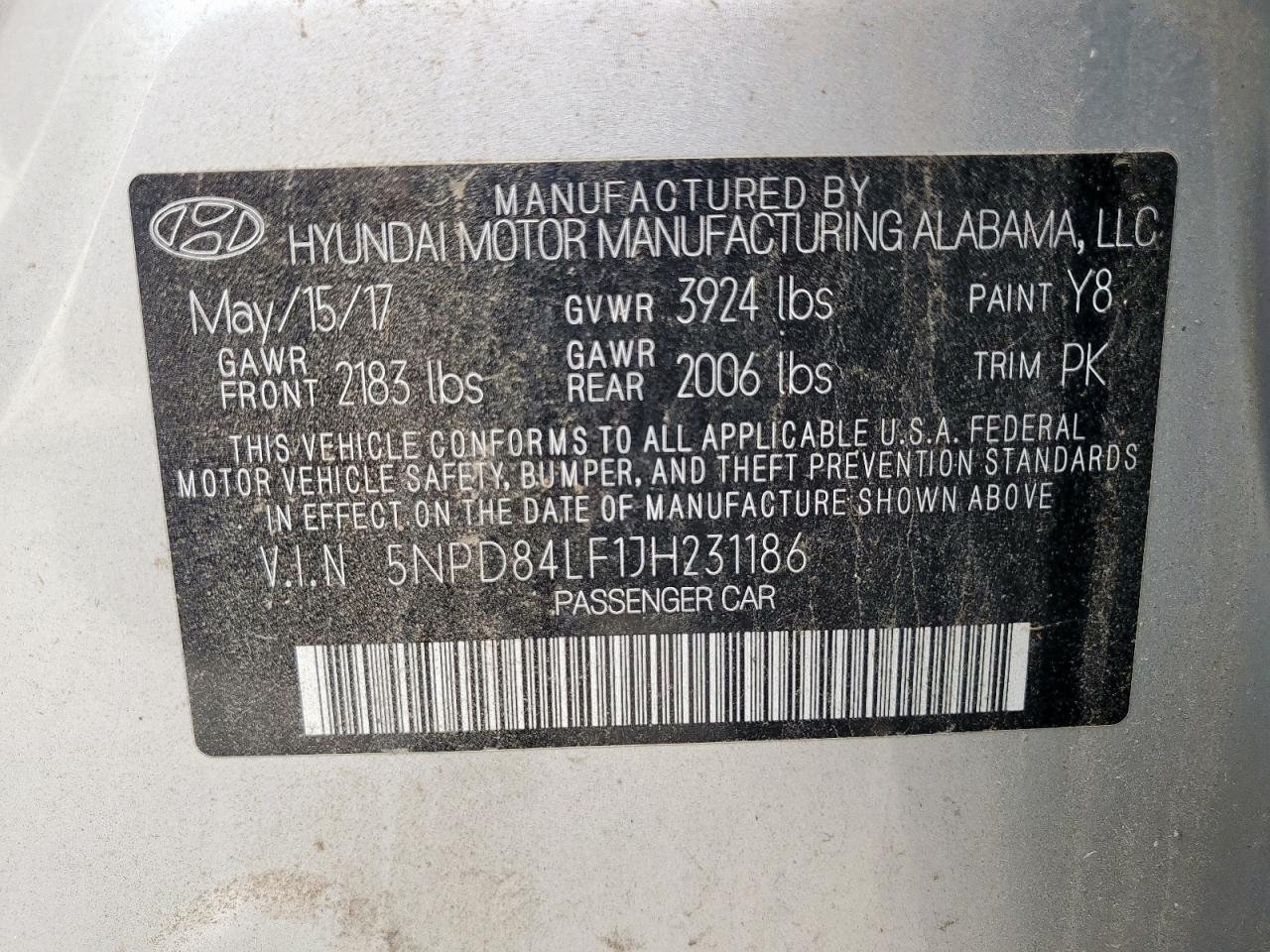 2018 Hyundai Elantra Sel VIN: 5NPD84LF1JH231186 Lot: 70143045