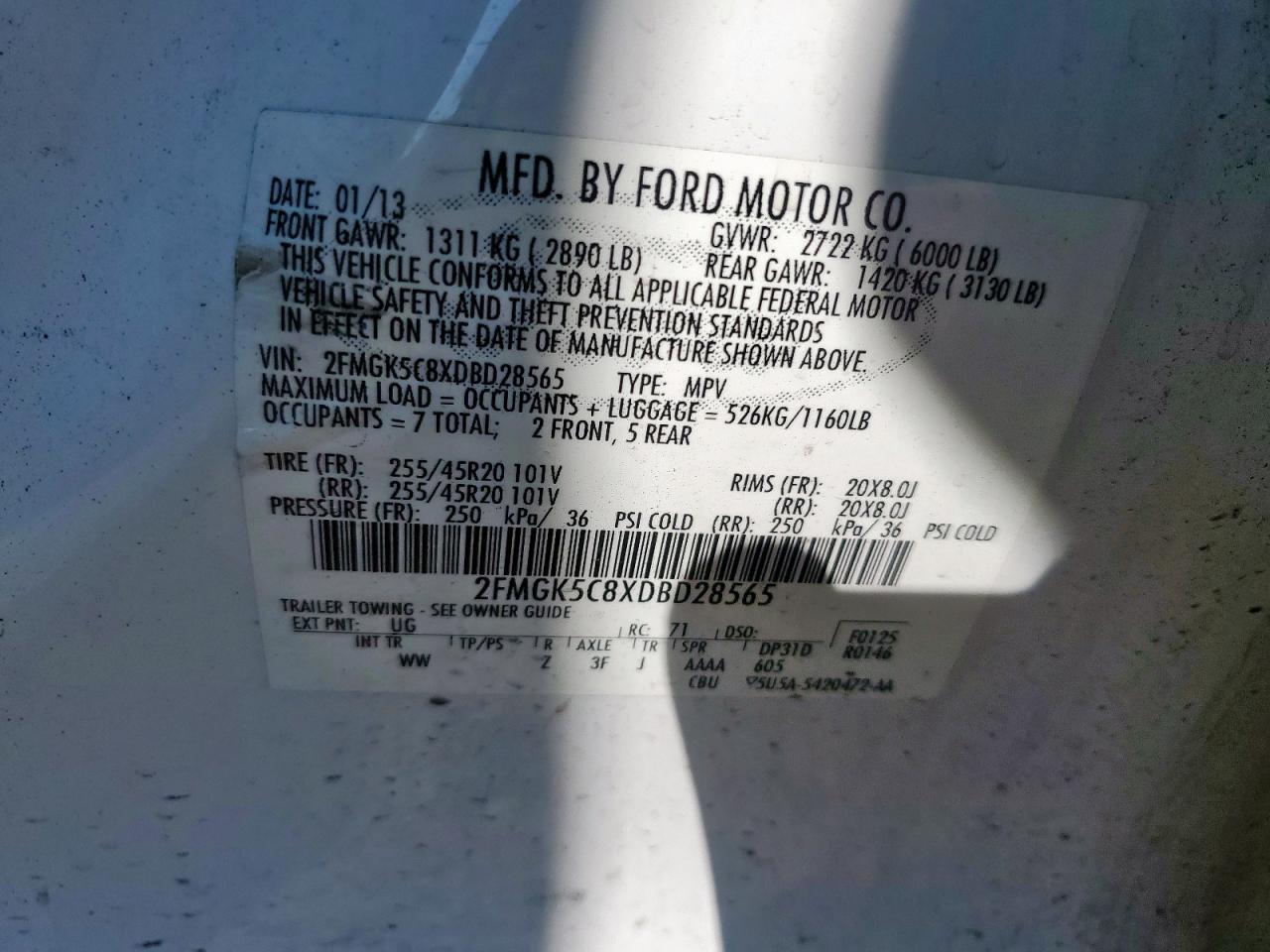 2013 Ford Flex Sel VIN: 2FMGK5C8XDBD28565 Lot: 67680295