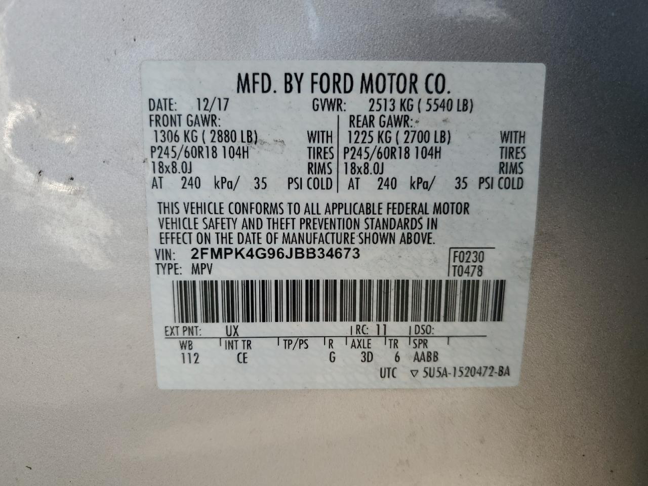 2018 Ford Edge Se VIN: 2FMPK4G96JBB34673 Lot: 65405595