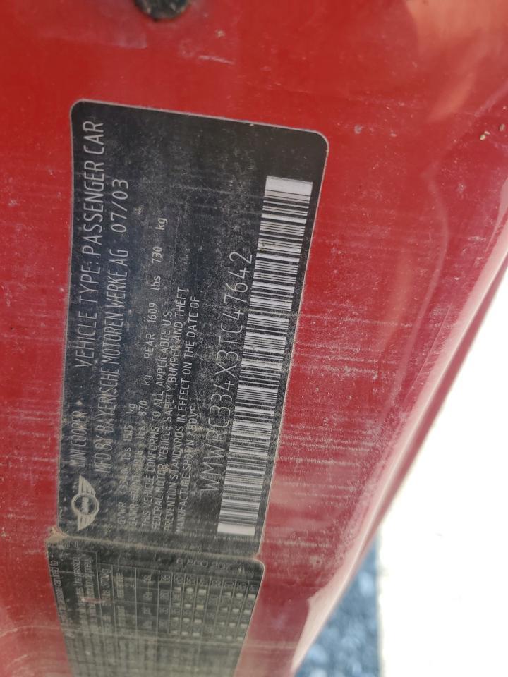 2003 Mini Cooper VIN: WMWRC334X3TC47642 Lot: 70713865