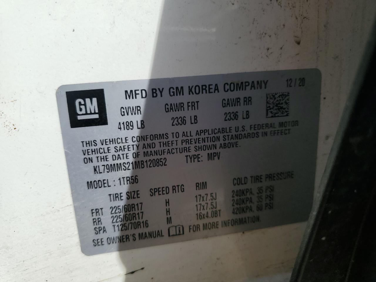 2021 Chevrolet Trailblazer Ls VIN: KL79MMS21MB120852 Lot: 70698375