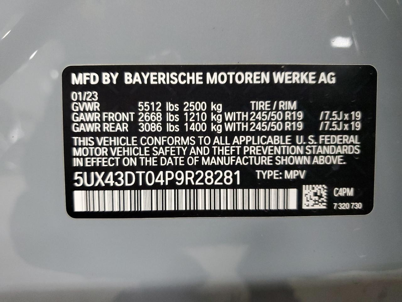 2023 BMW X4 M40I VIN: 5UX43DT04P9R28281 Lot: 69969365