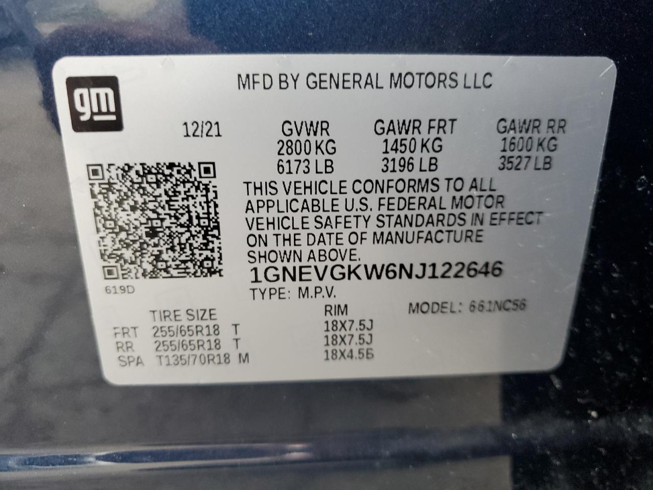 2022 Chevrolet Traverse Lt VIN: 1GNEVGKW6NJ122646 Lot: 68503305