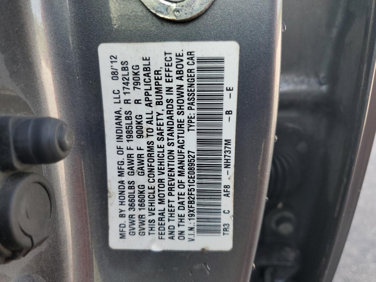 2012 Honda Civic Lx VIN: 19XFB2F51CE089527 Lot: 68639735
