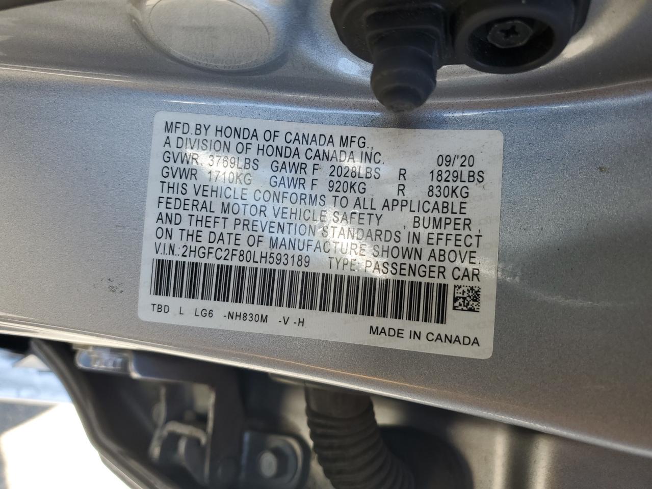 2020 Honda Civic Sport VIN: 2HGFC2F80LH593189 Lot: 69601465