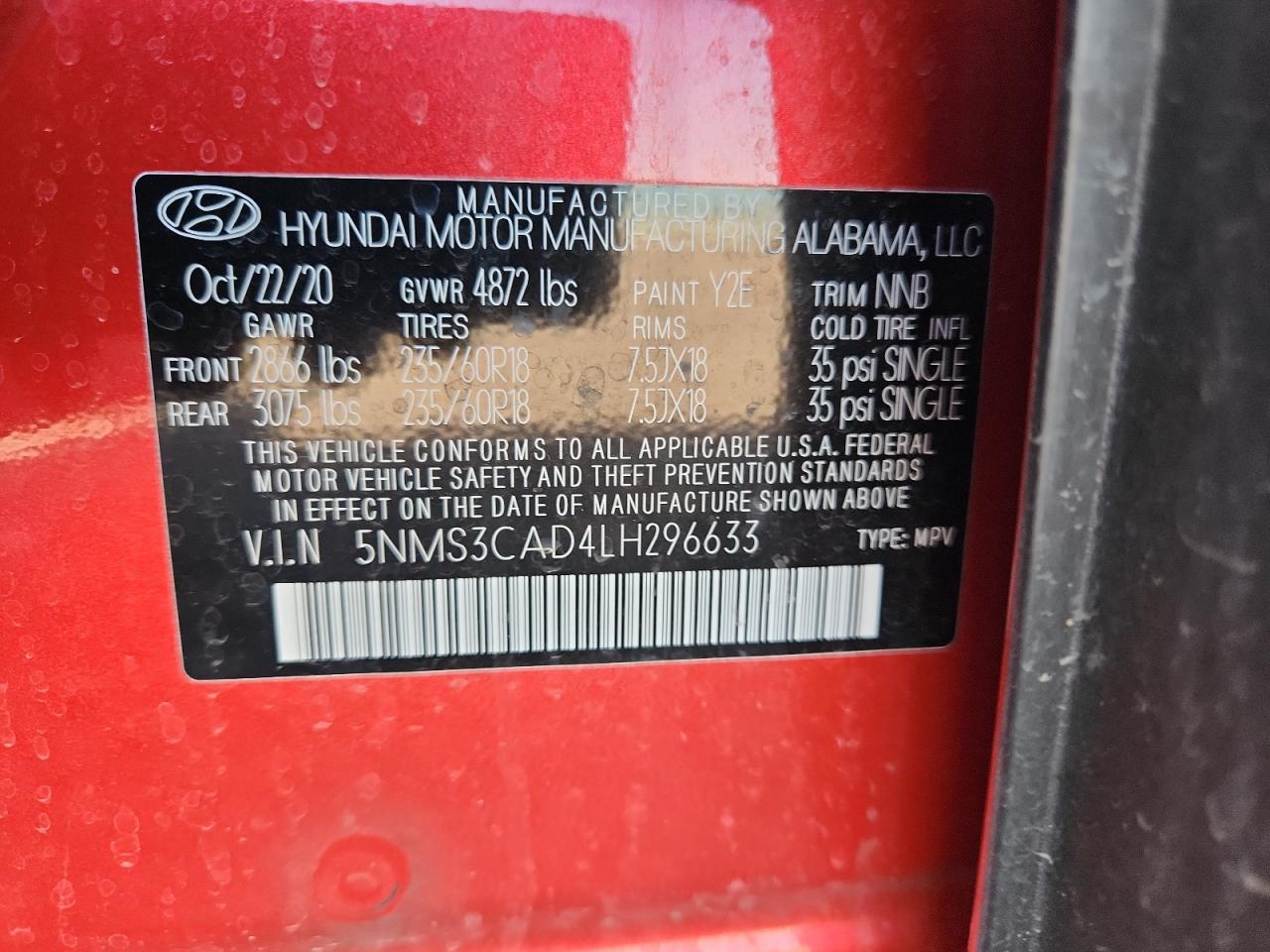 2020 Hyundai Santa Fe Sel VIN: 5NMS3CAD4LH296633 Lot: 69436265