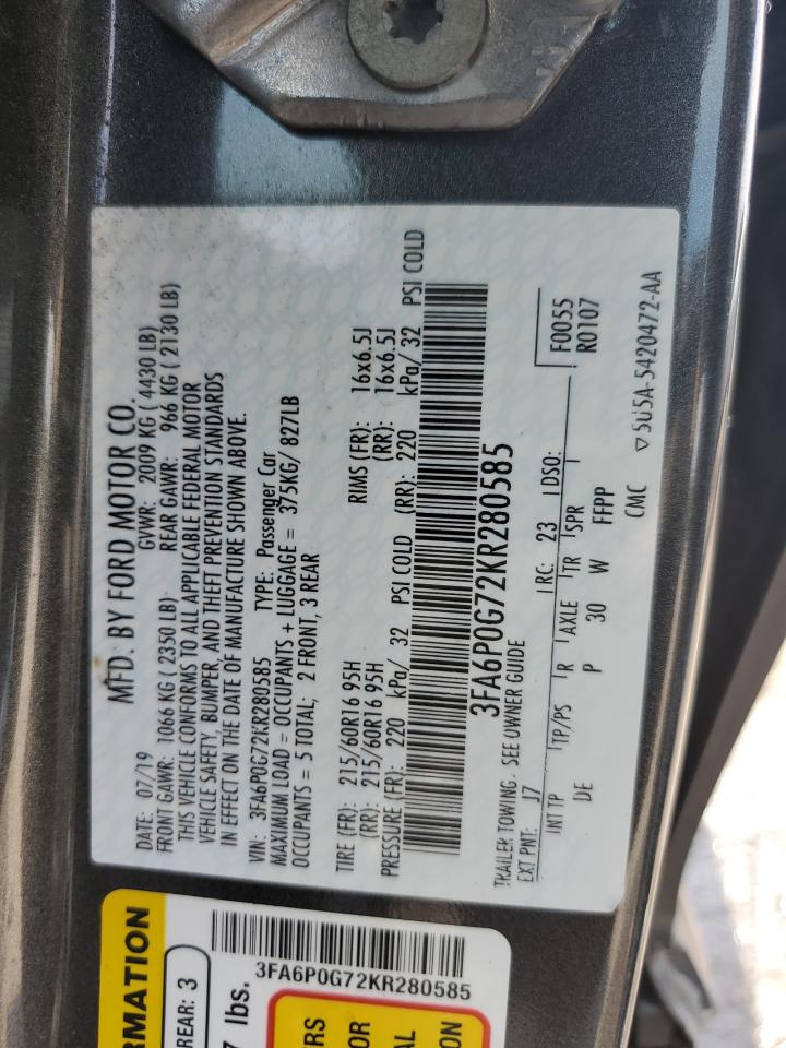 2019 Ford Fusion S VIN: 3FA6P0G72KR280585 Lot: 70916155