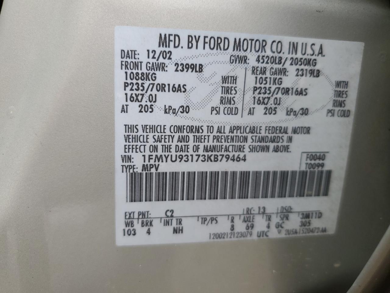 2003 Ford Escape Xlt VIN: 1FMYU93173KB79464 Lot: 67105015