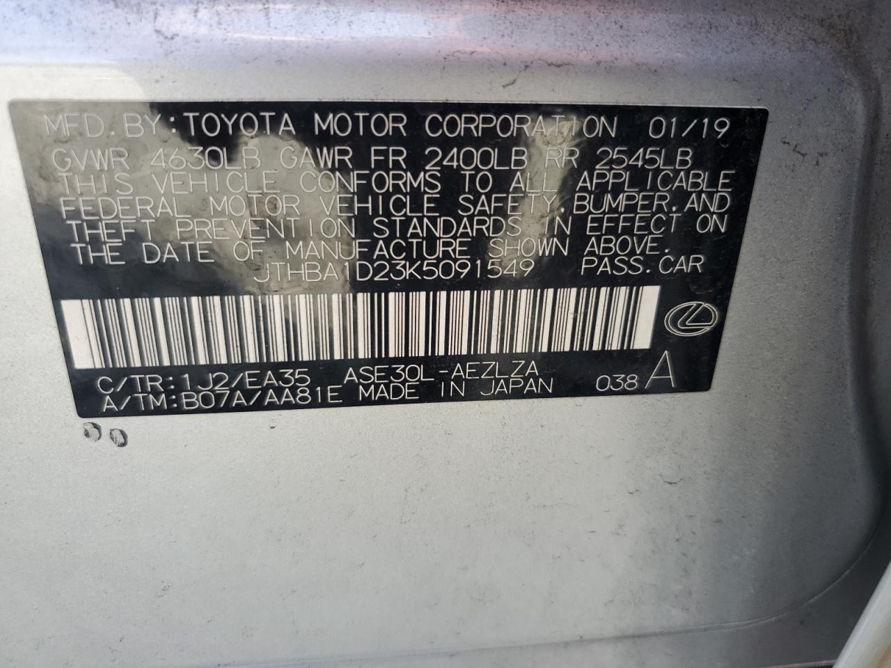 2019 Lexus Is 300 VIN: JTHBA1D23K5091549 Lot: 67614025