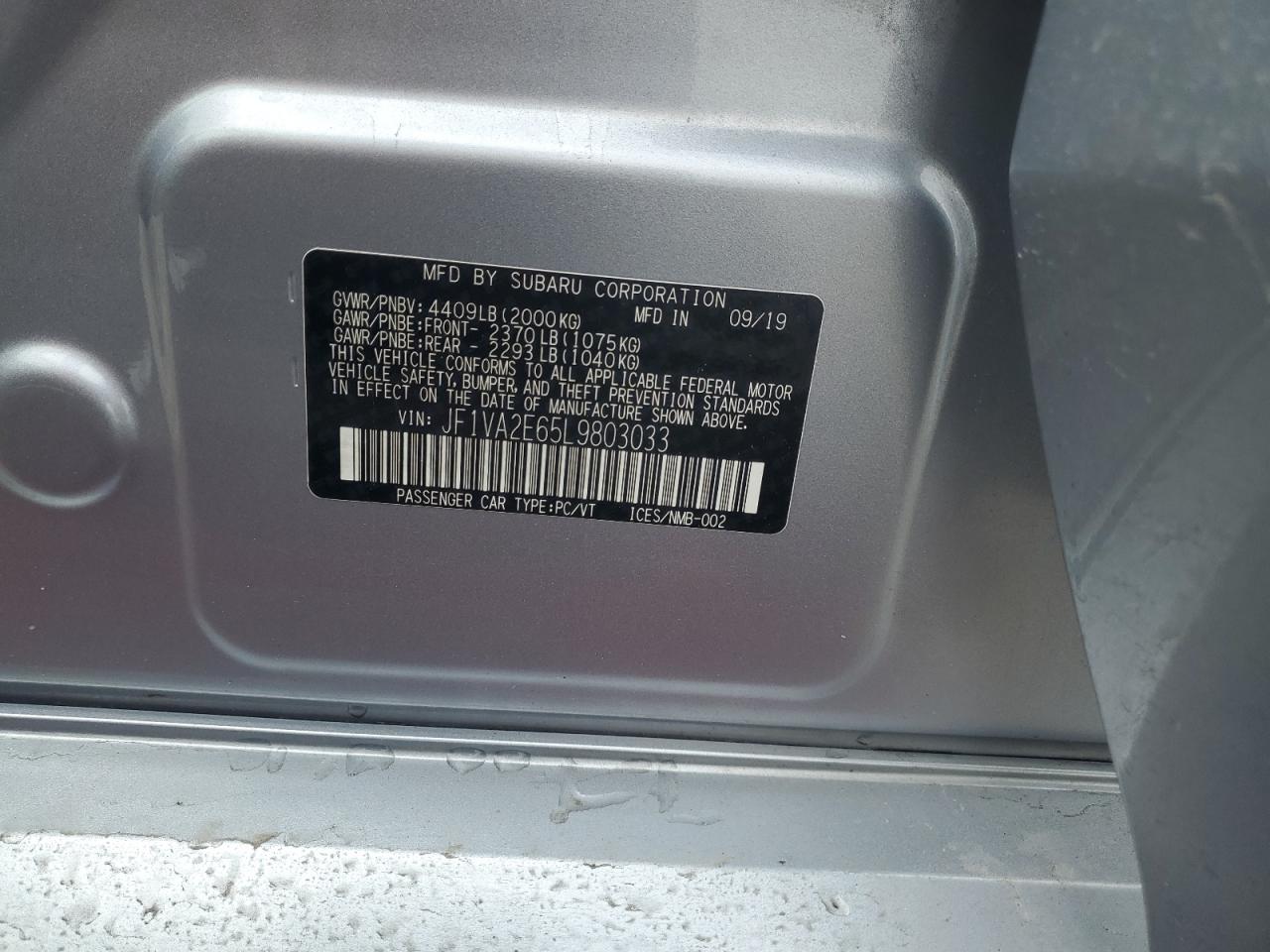 2020 Subaru Wrx Sti VIN: JF1VA2E65L9803033 Lot: 70590655