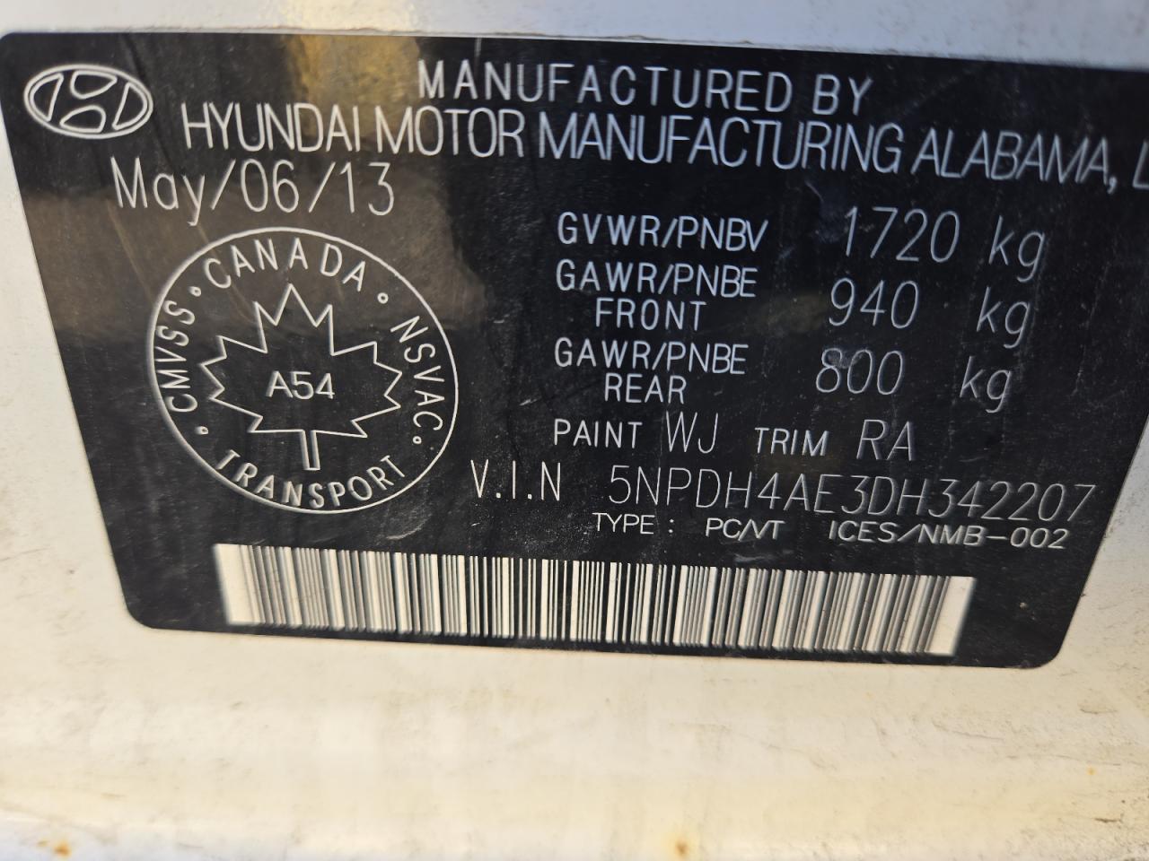 2013 Hyundai Elantra Gls VIN: 5NPDH4AE3DH342207 Lot: 69299775