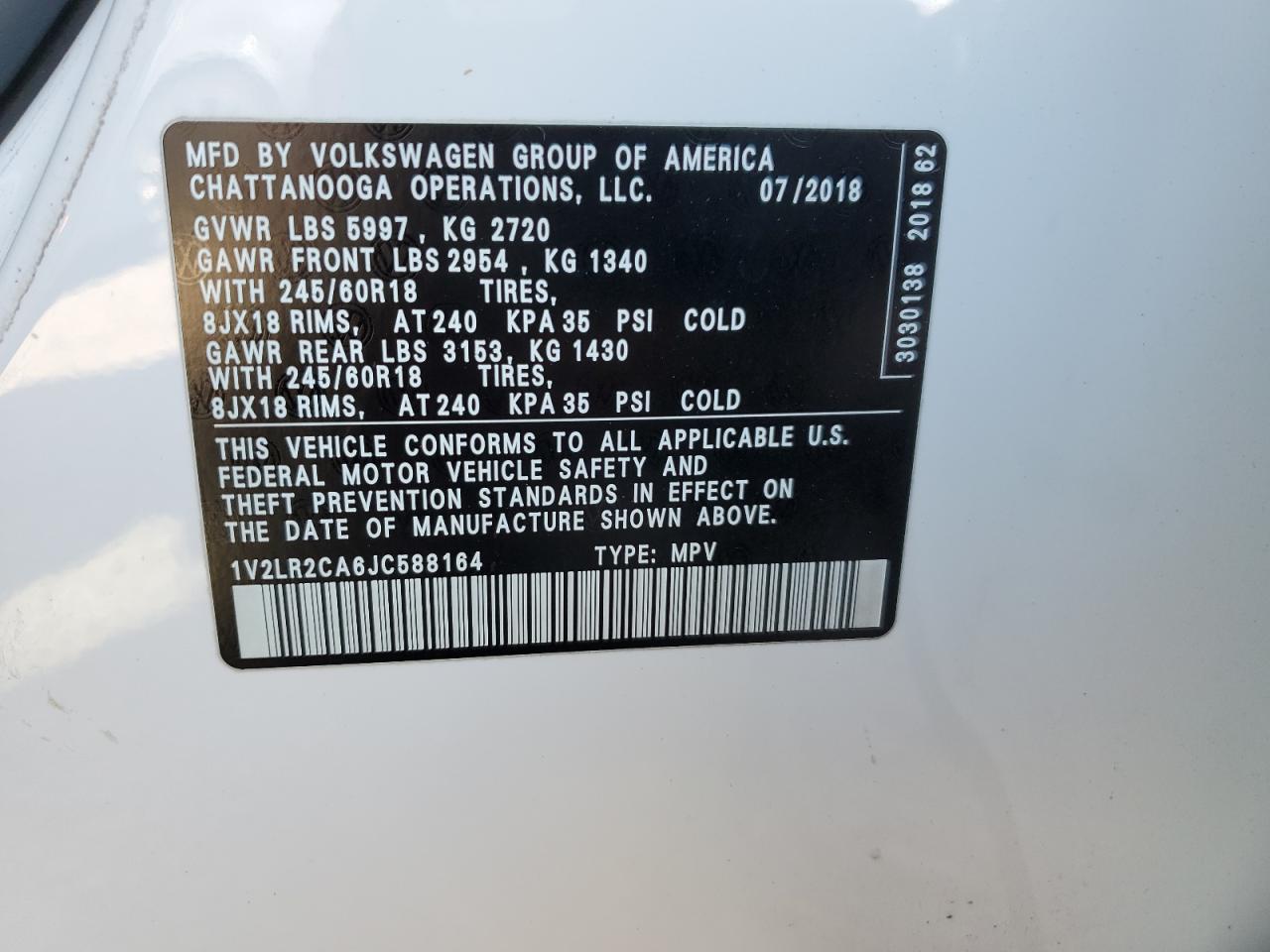 2018 Volkswagen Atlas Se VIN: 1V2LR2CA6JC588164 Lot: 68731885