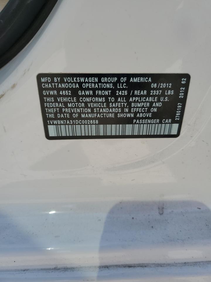 2013 Volkswagen Passat Se VIN: 1VWBN7A31DC002658 Lot: 68891075