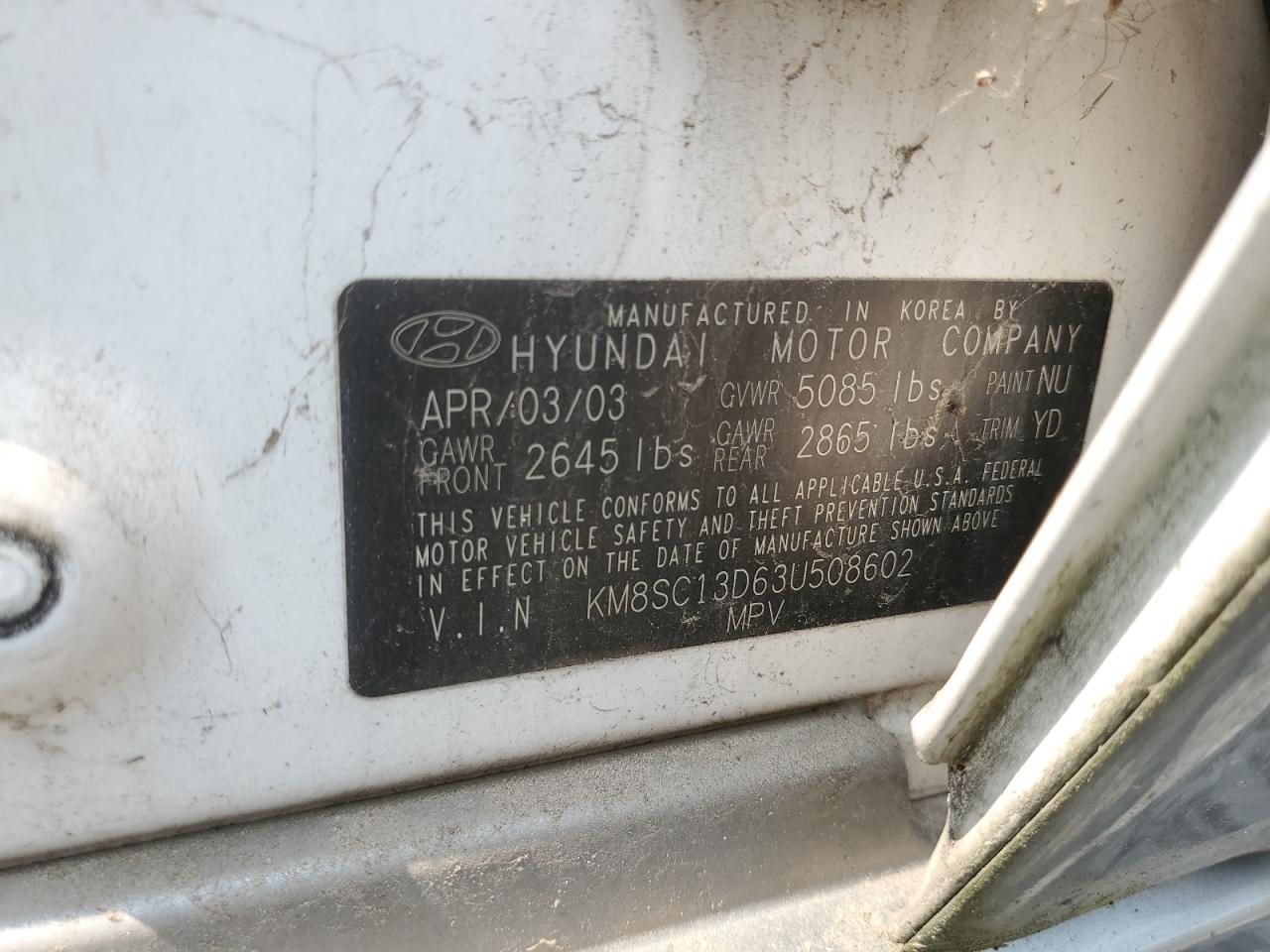 2003 Hyundai Santa Fe Gls VIN: KM8SC13D63U508602 Lot: 67108795