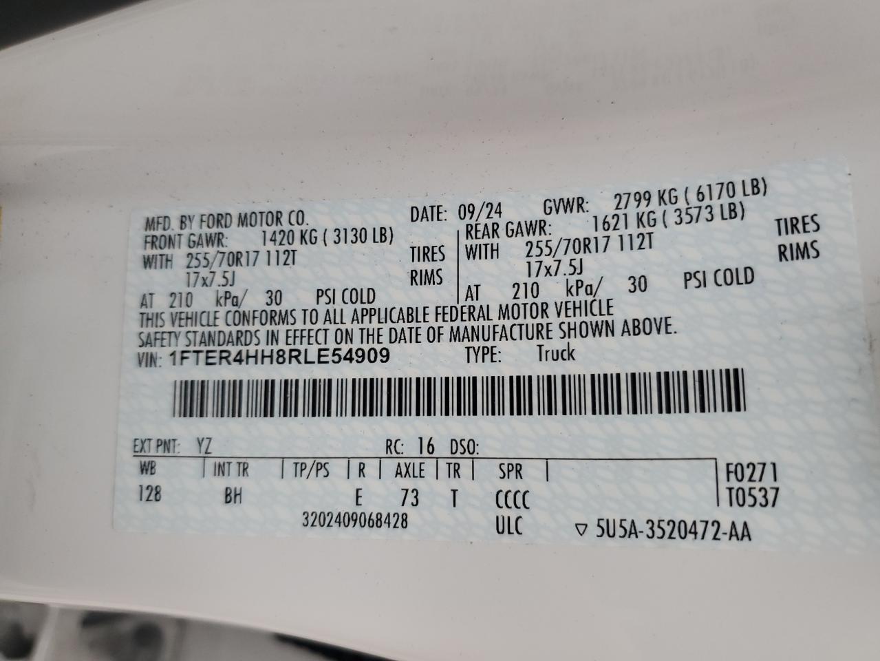 2024 Ford Ranger Xlt VIN: 1FTER4HH8RLE54909 Lot: 68874865