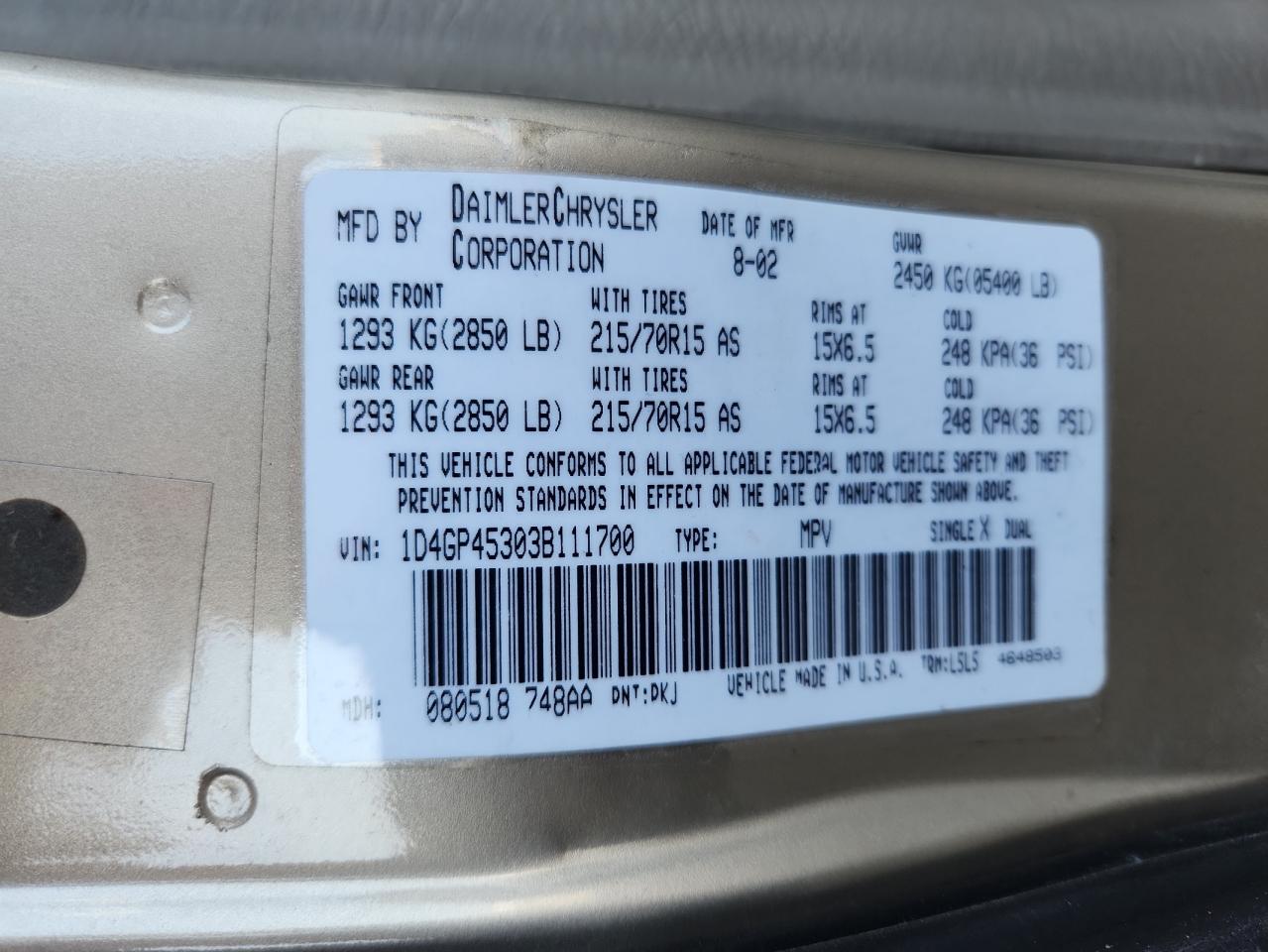 2003 Dodge Caravan Sport VIN: 1D4GP45303B111700 Lot: 69298565