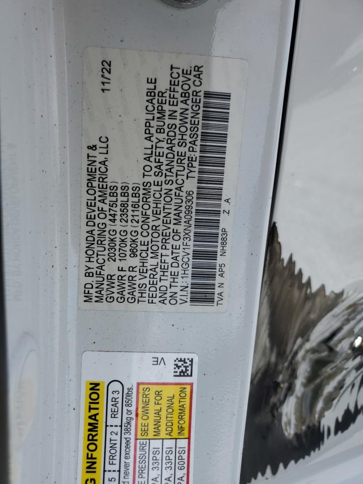 2022 Honda Accord Sport VIN: 1HGCV1F3XNA099306 Lot: 69096505