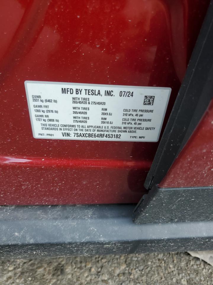 2024 Tesla Model X VIN: 7SAXCBE64RF453182 Lot: 67969375