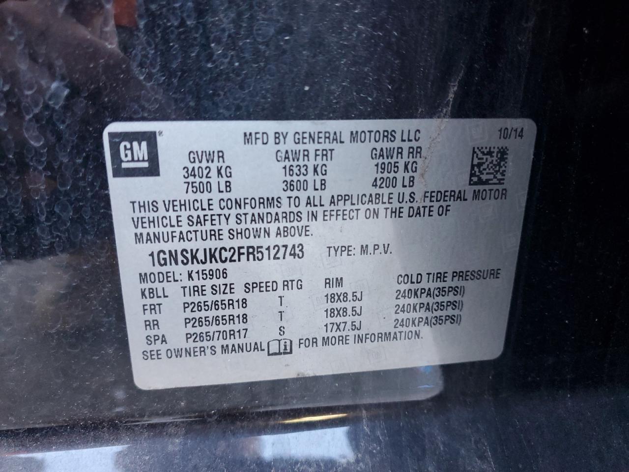 2015 Chevrolet Suburban K1500 Lt VIN: 1GNSKJKC2FR512743 Lot: 70308605