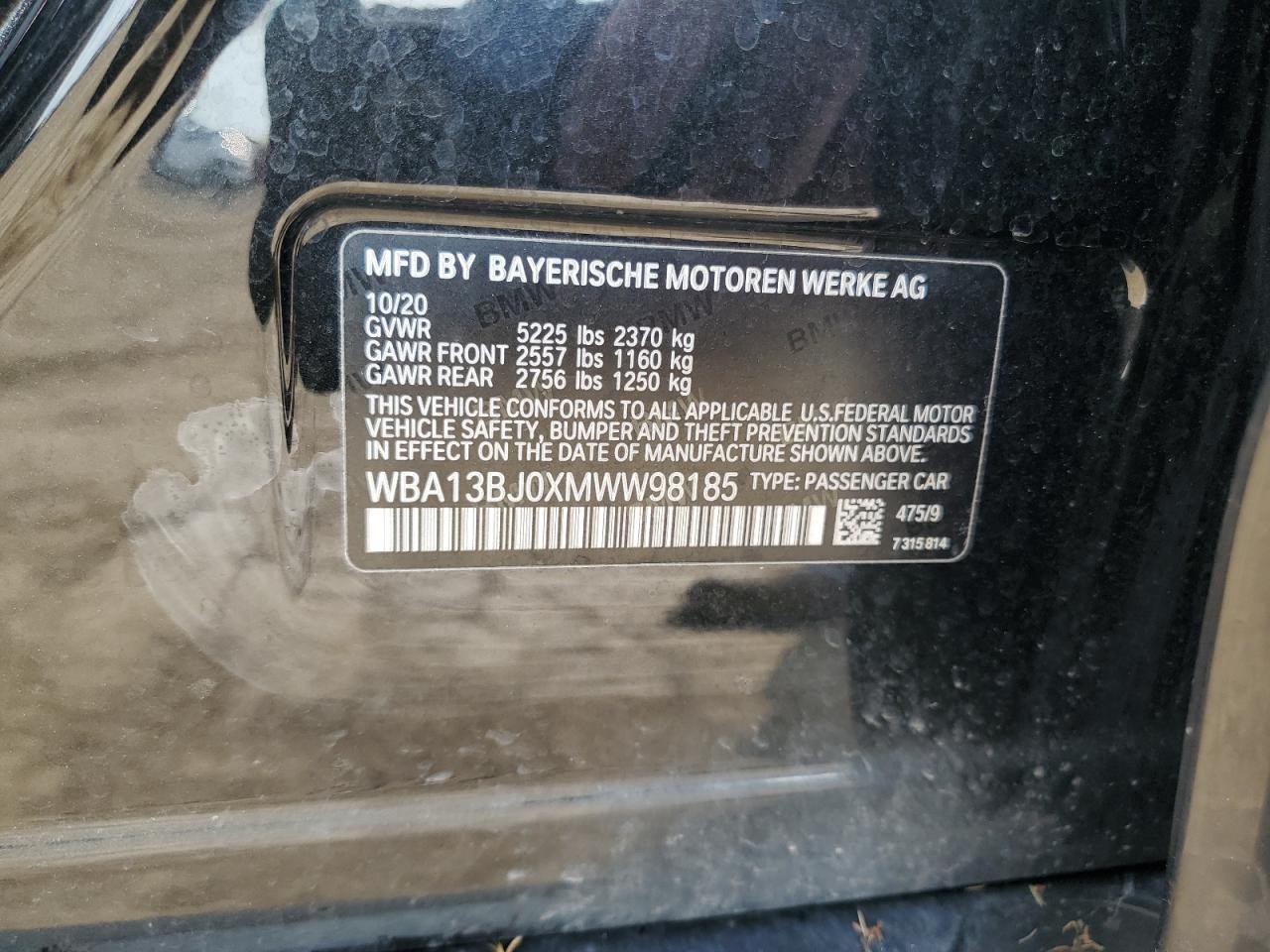 2021 BMW 530 Xi VIN: WBA13BJ0XMWW98185 Lot: 67921165