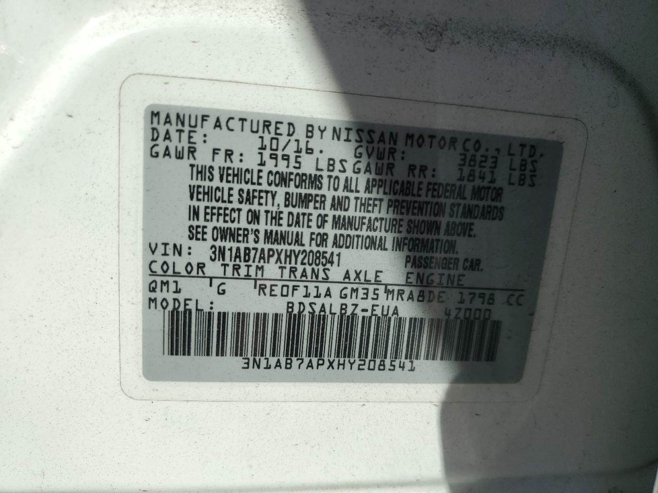 2017 Nissan Sentra S VIN: 3N1AB7APXHY208541 Lot: 67029765