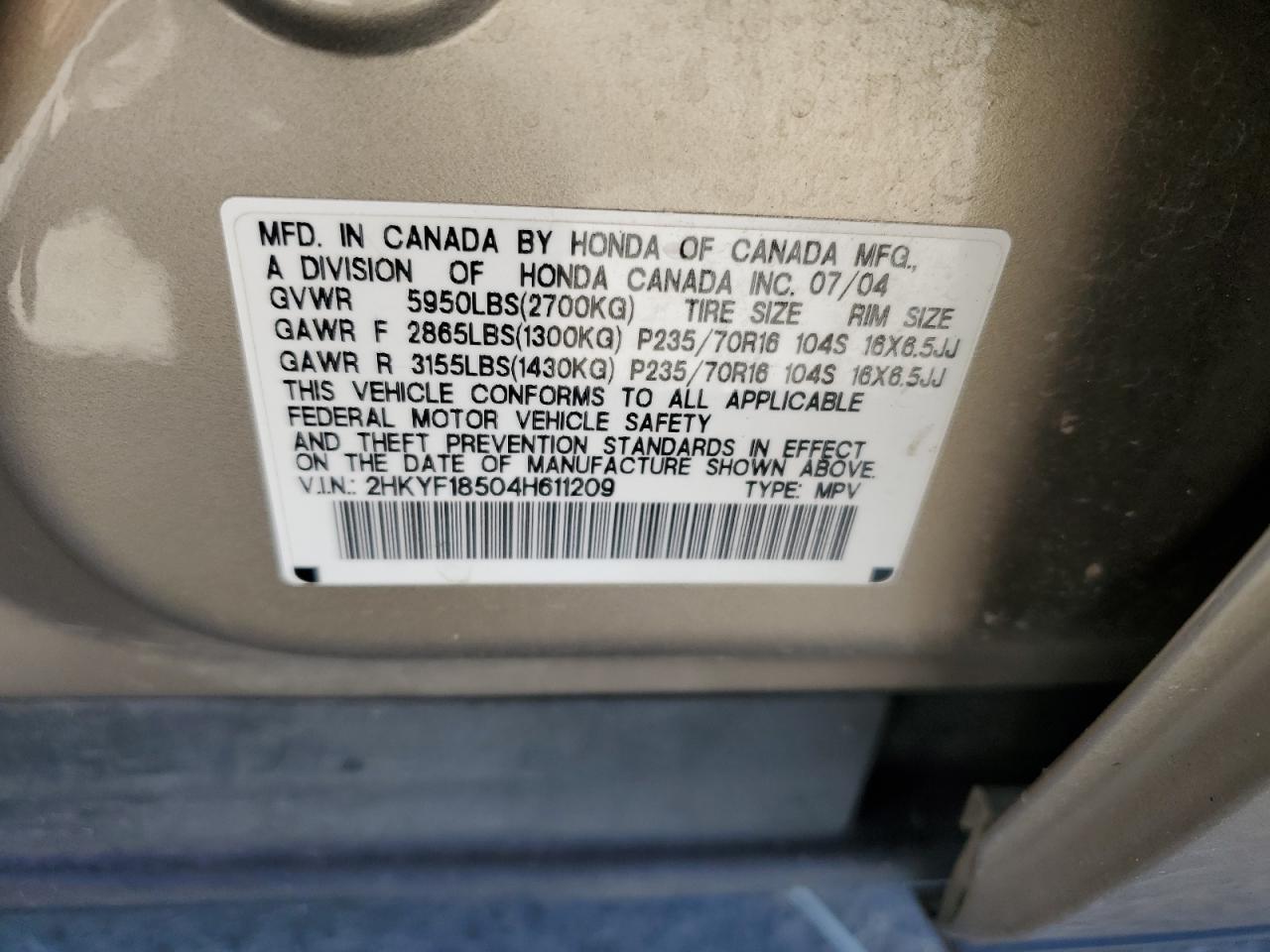 2004 Honda Pilot Exl VIN: 2HKYF18504H611209 Lot: 70056665