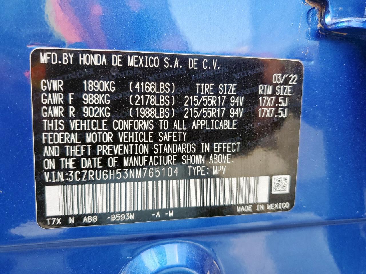 2022 Honda Hr-V Ex VIN: 3CZRU6H53NM765104 Lot: 68529505