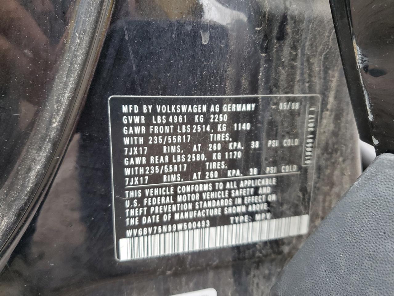 2009 Volkswagen Tiguan Se VIN: WVGBV75N99W500493 Lot: 68387135