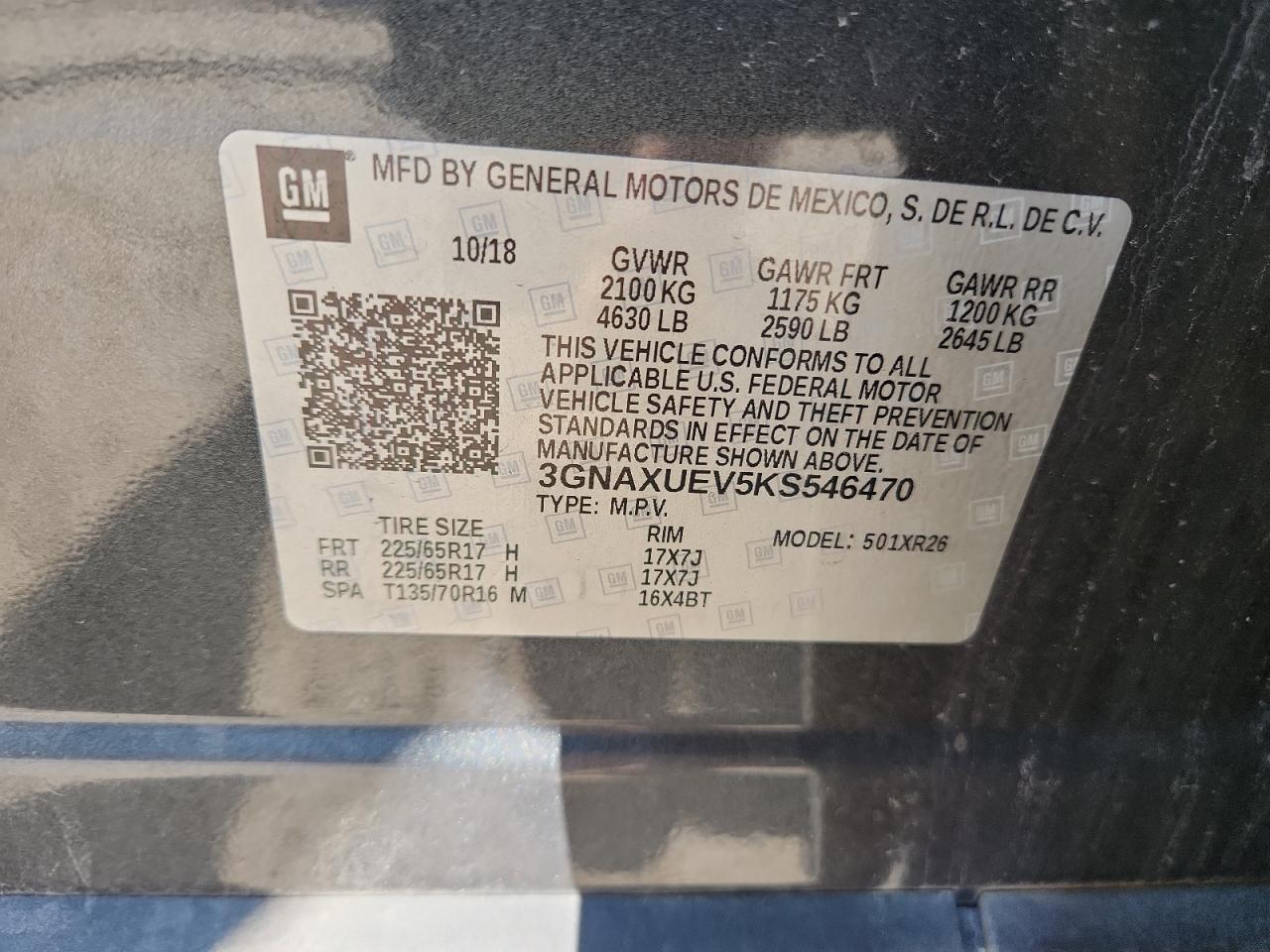 2019 Chevrolet Equinox Lt VIN: 3GNAXUEV5KS546470 Lot: 69382225