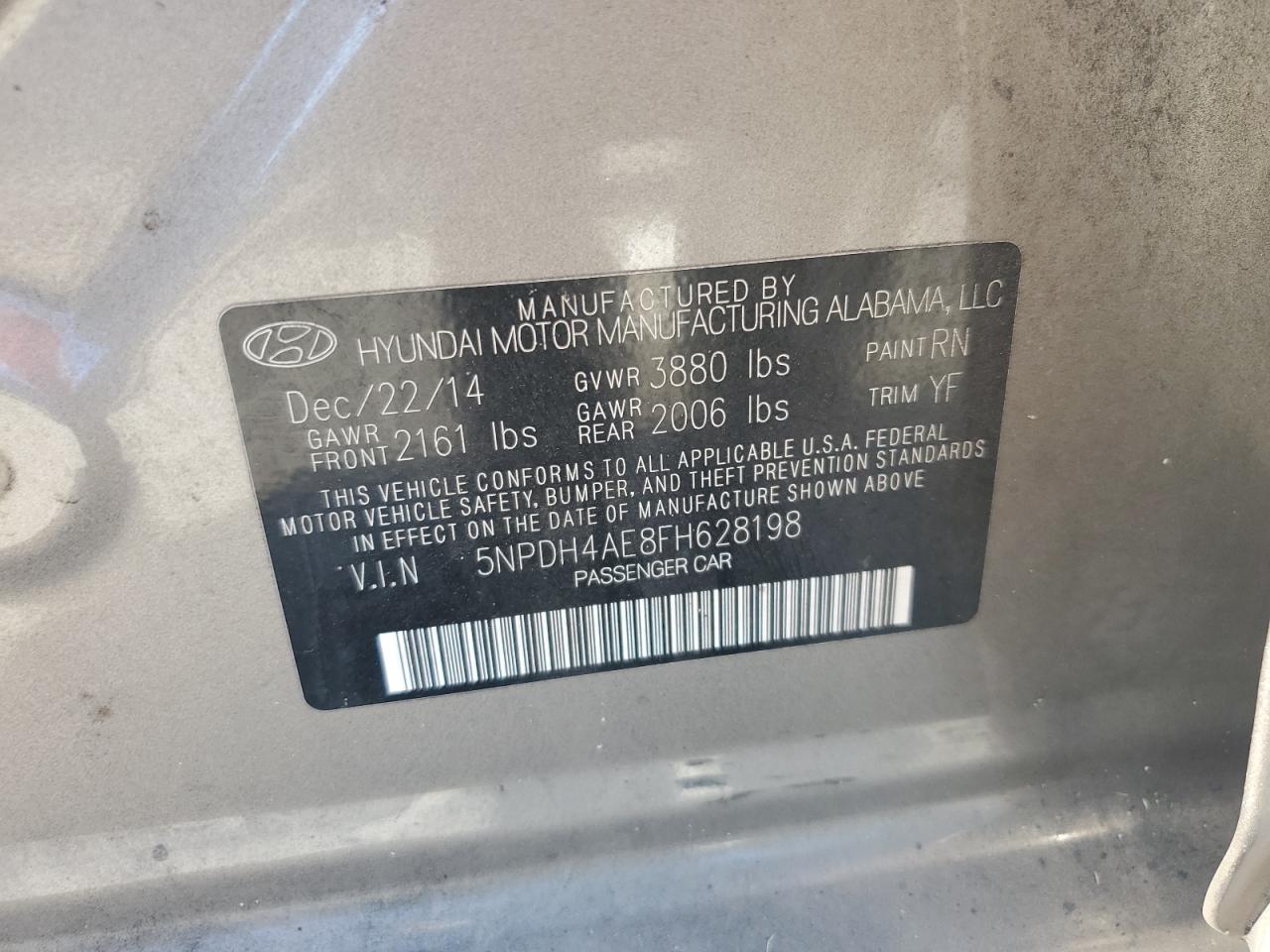 2015 Hyundai Elantra Se VIN: 5NPDH4AE8FH628198 Lot: 69384575