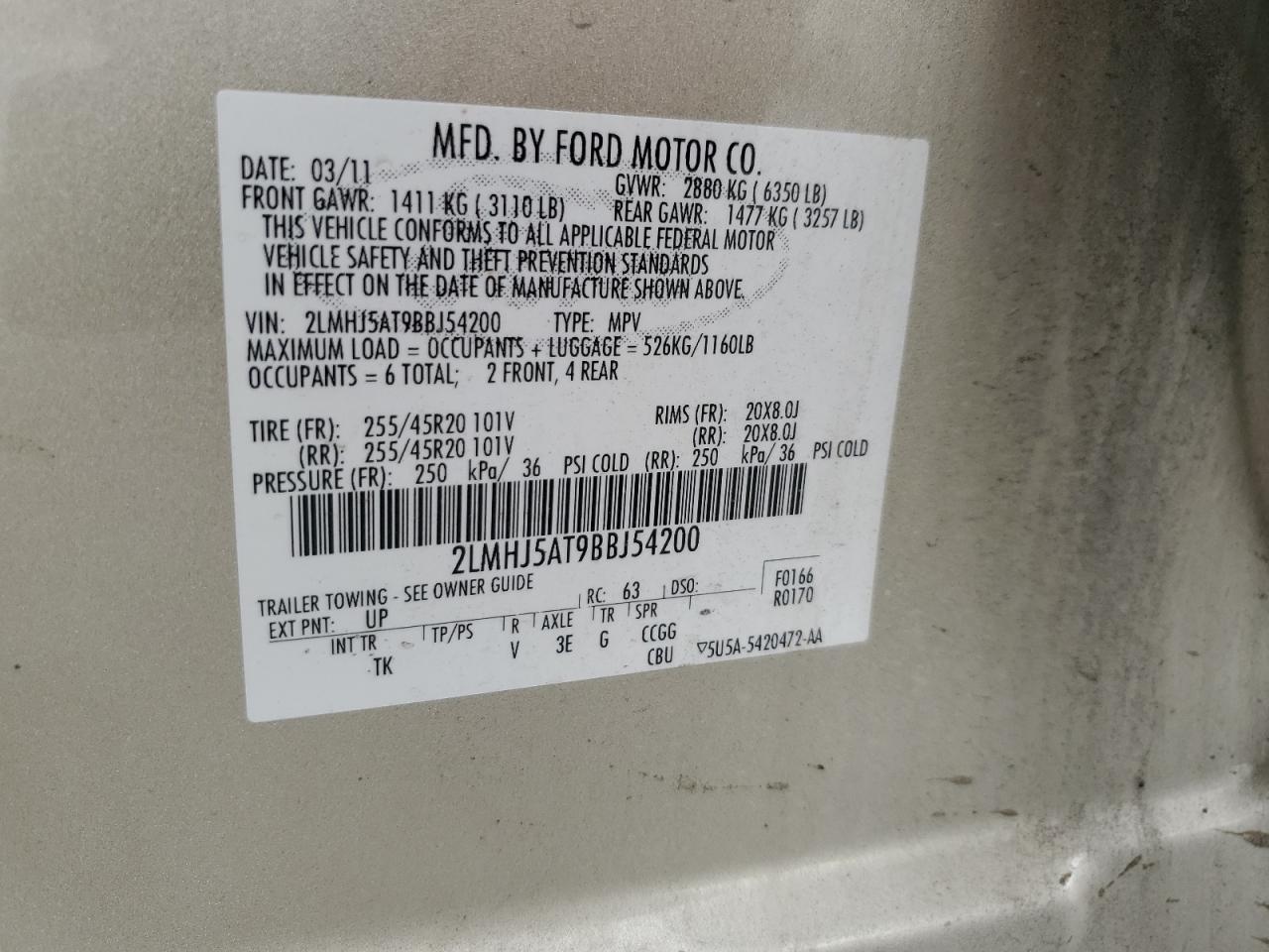 2011 Lincoln Mkt VIN: 2LMHJ5AT9BBJ54200 Lot: 67465695