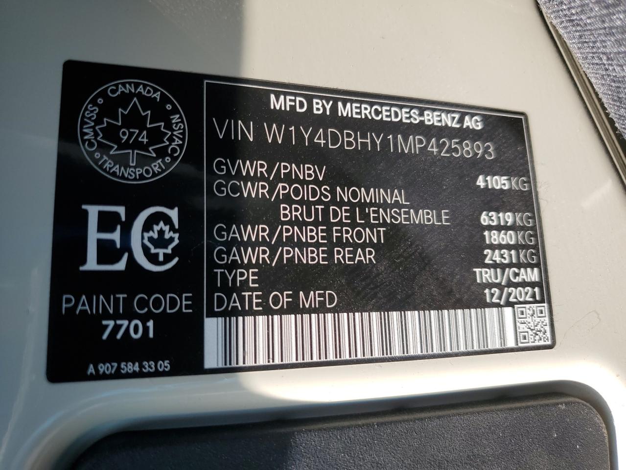 2021 Mercedes-Benz Sprinter 2500 VIN: W1Y4DBHY1MP425893 Lot: 69652855