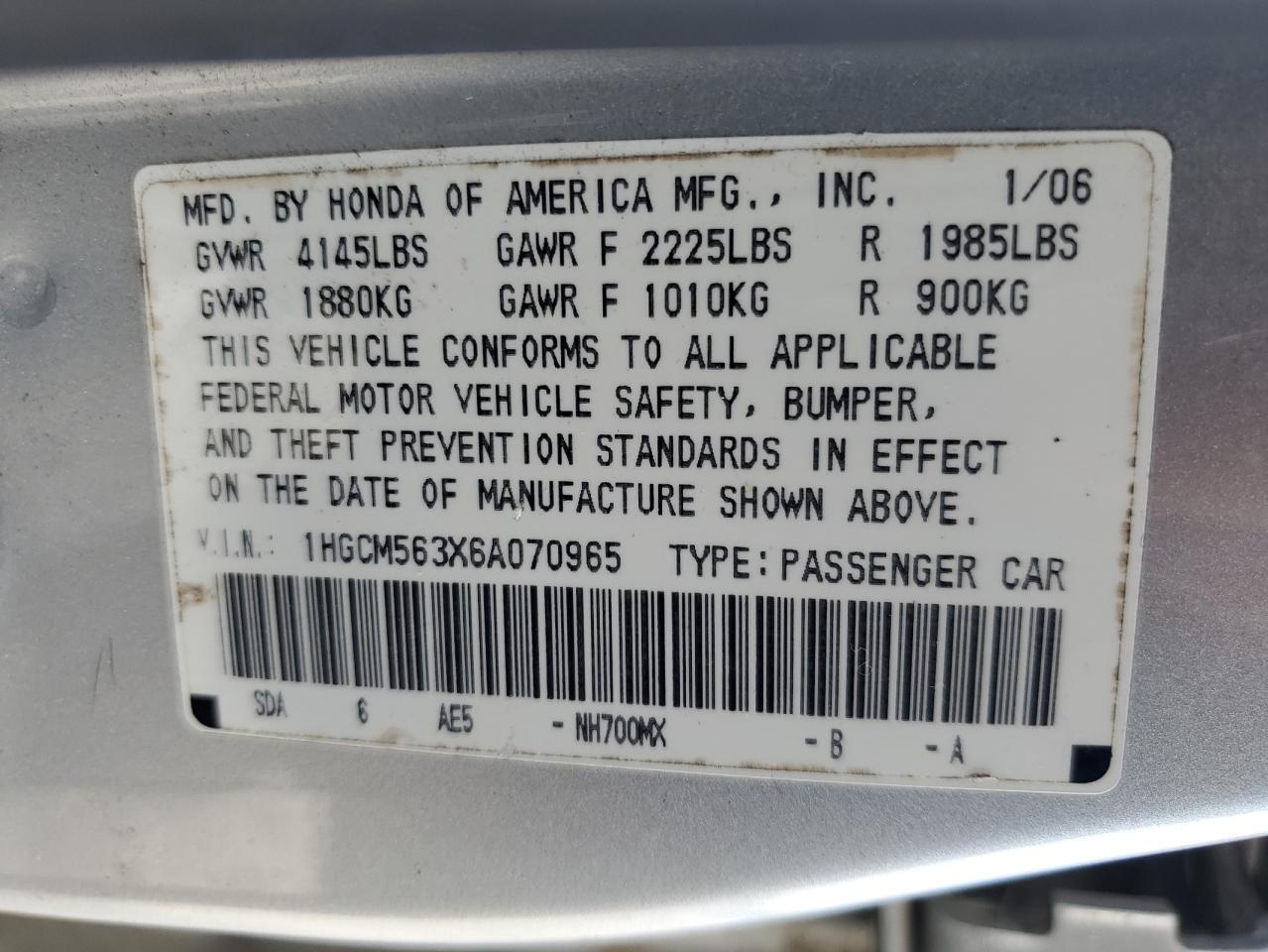2006 Honda Accord Se VIN: 1HGCM563X6A070965 Lot: 67801535