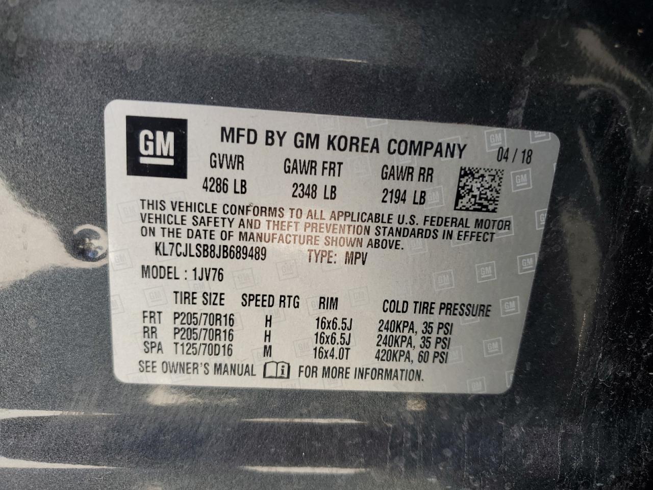 2018 Chevrolet Trax 1Lt VIN: KL7CJLSB8JB689489 Lot: 69672835