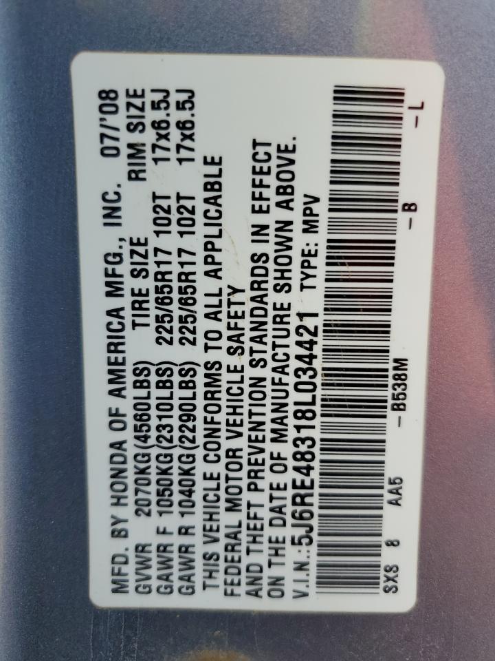 2008 Honda Cr-V Lx VIN: 5J6RE48318L034421 Lot: 68082655