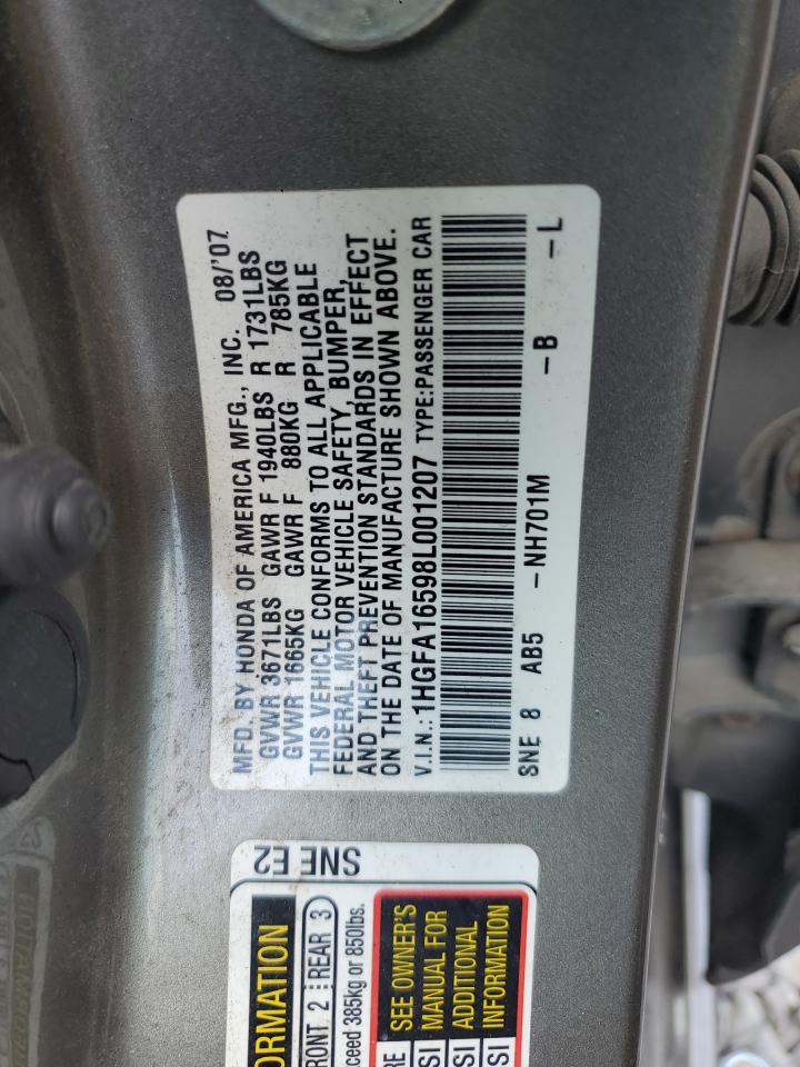 2008 Honda Civic Lx VIN: 1HGFA16598L001207 Lot: 68009375