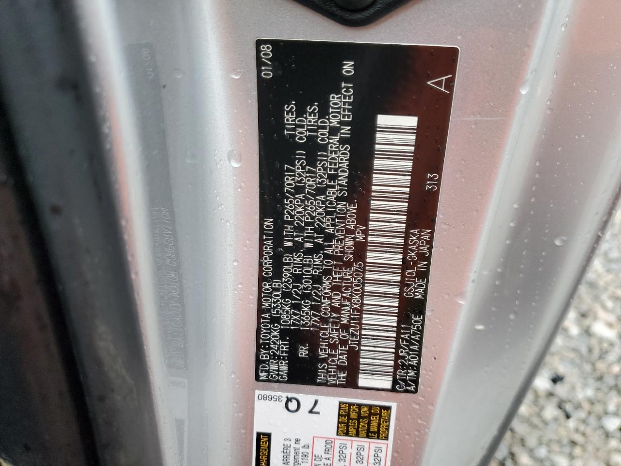 2008 Toyota Fj Cruiser VIN: JTEZU11FX8K005075 Lot: 64838335