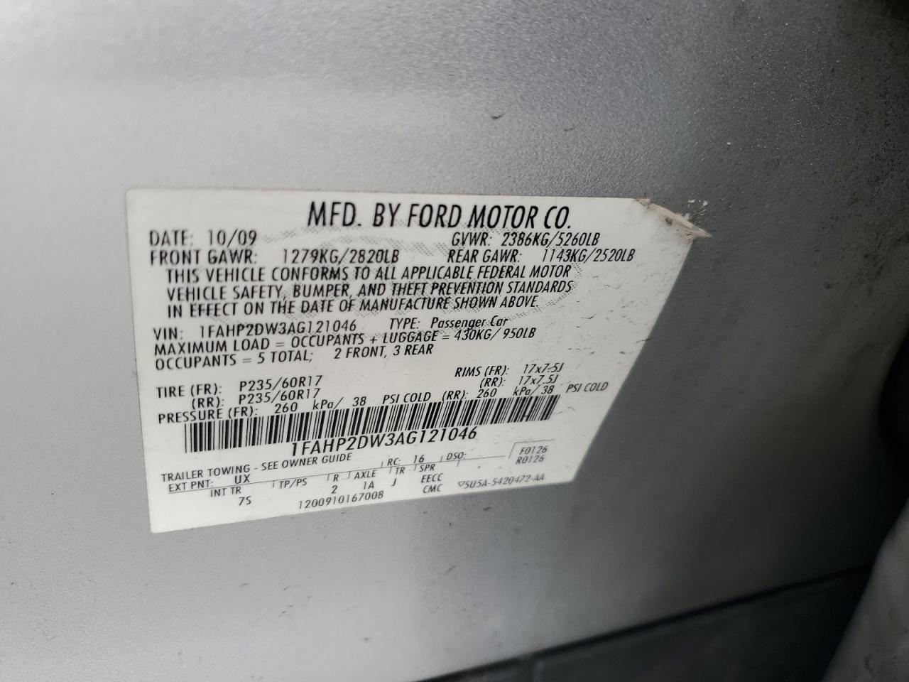 2010 Ford Taurus Se VIN: 1FAHP2DW3AG121046 Lot: 69567625