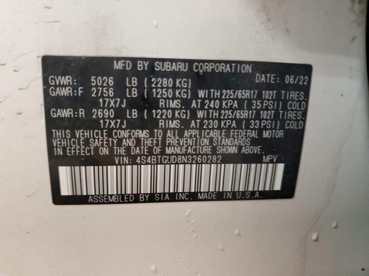 2022 Subaru Outback Wilderness VIN: 4S4BTGUD8N3260282 Lot: 67414335