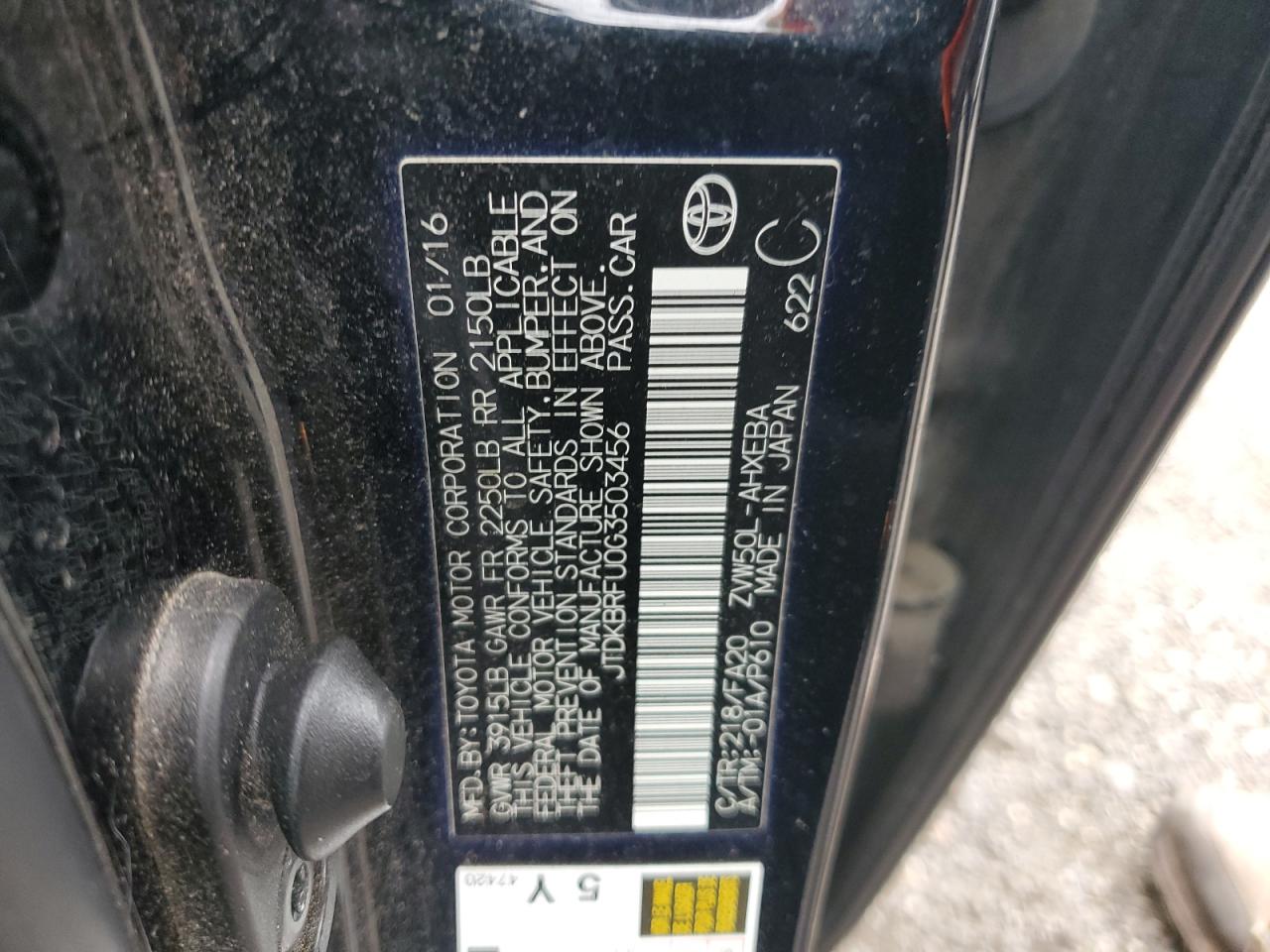 2016 Toyota Prius VIN: JTDKBRFU0G3503456 Lot: 67254455