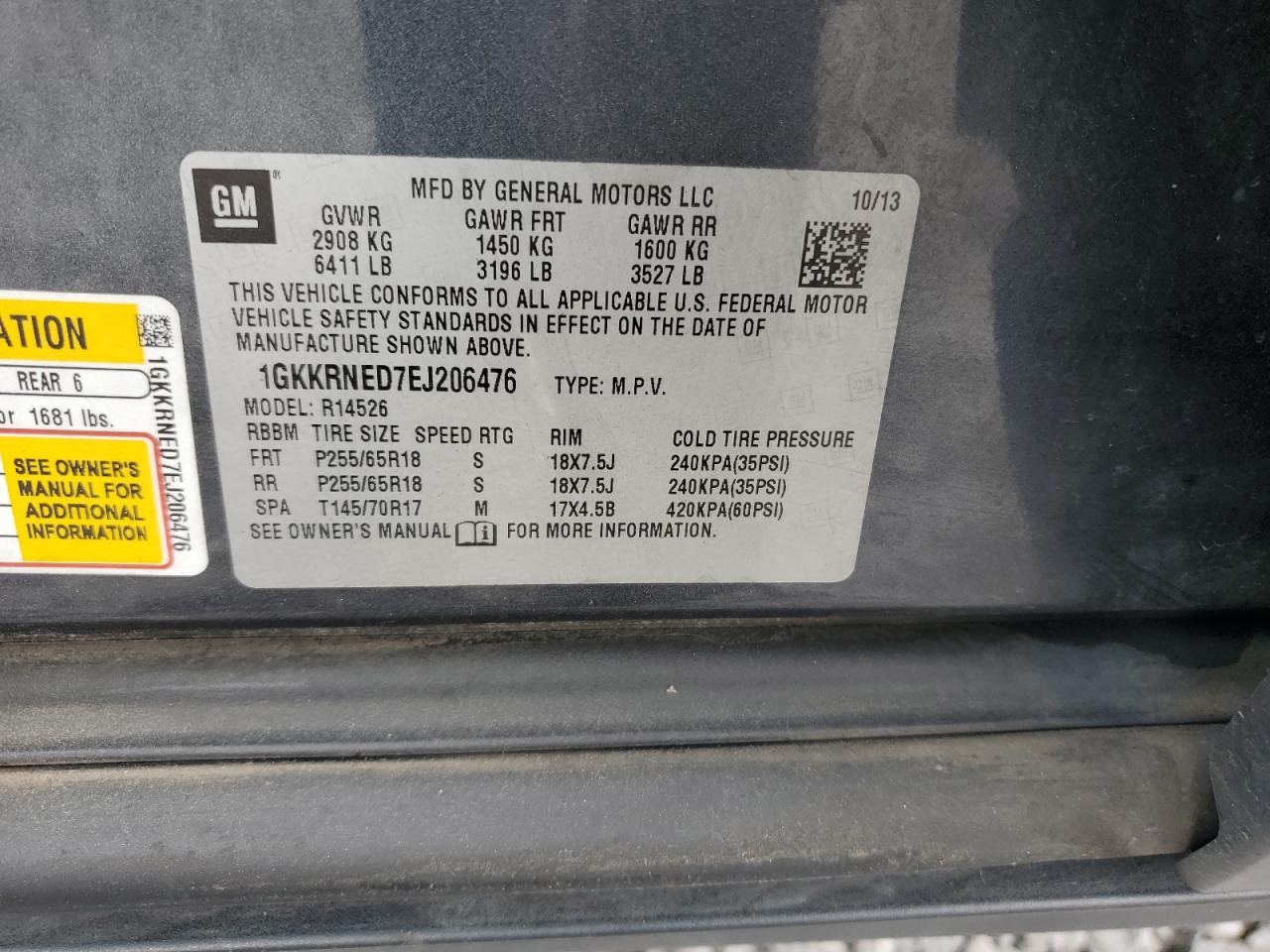 2014 GMC Acadia Sle VIN: 1GKKRNED7EJ206476 Lot: 67729015